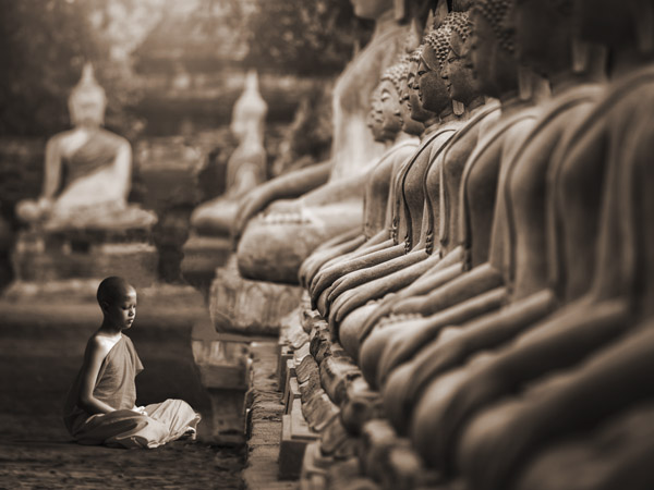obra Young Buddhist Monk praying, Thailand (sepia)