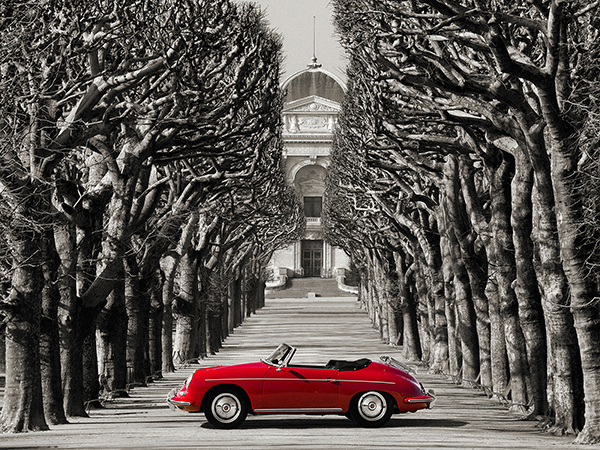obra Roadster in tree lined road, Paris